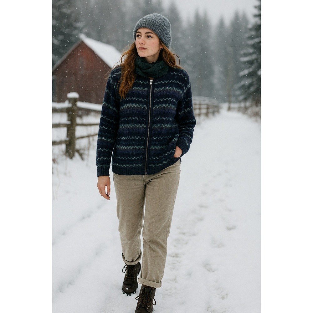 Gorpcore Farm Winter Full Zip Navy Blue Purple Gray Zig Zag 1X Cardigan Sweater